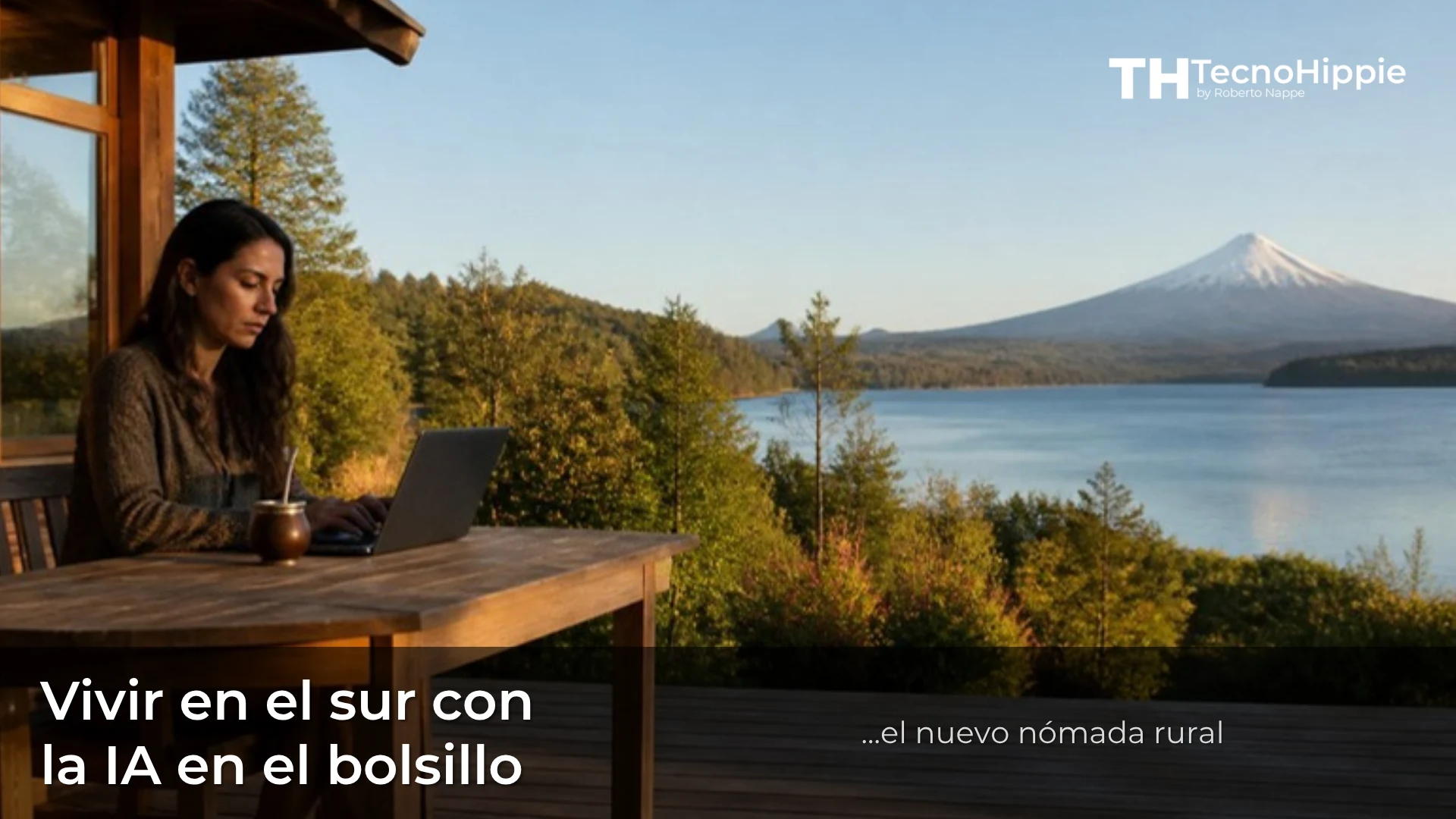 Mujer trabajando con su notebook y un mate en la terraza de una cabaña frente al lago y el volcán en el sur de Chile