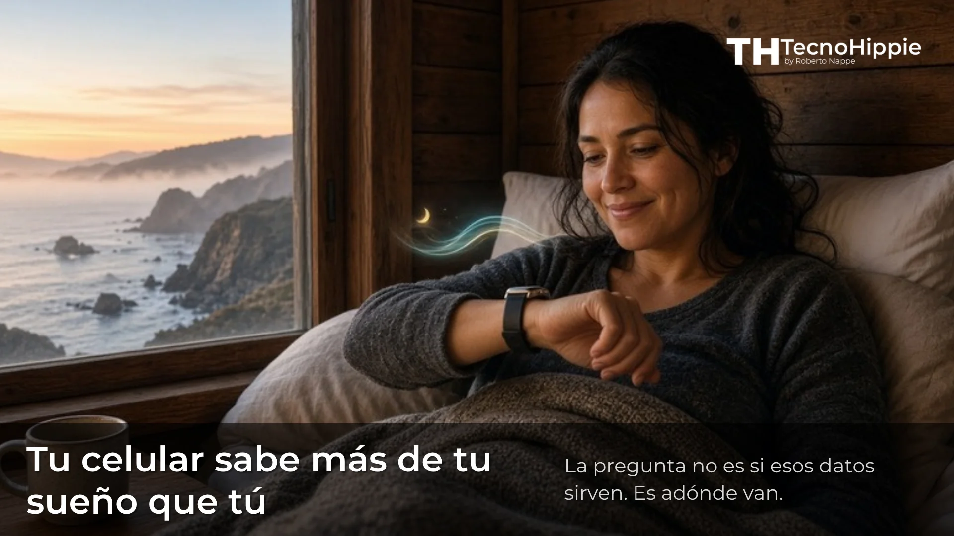 Mujer en la cama mira su reloj inteligente al despertar, junto a una ventana con vista al mar