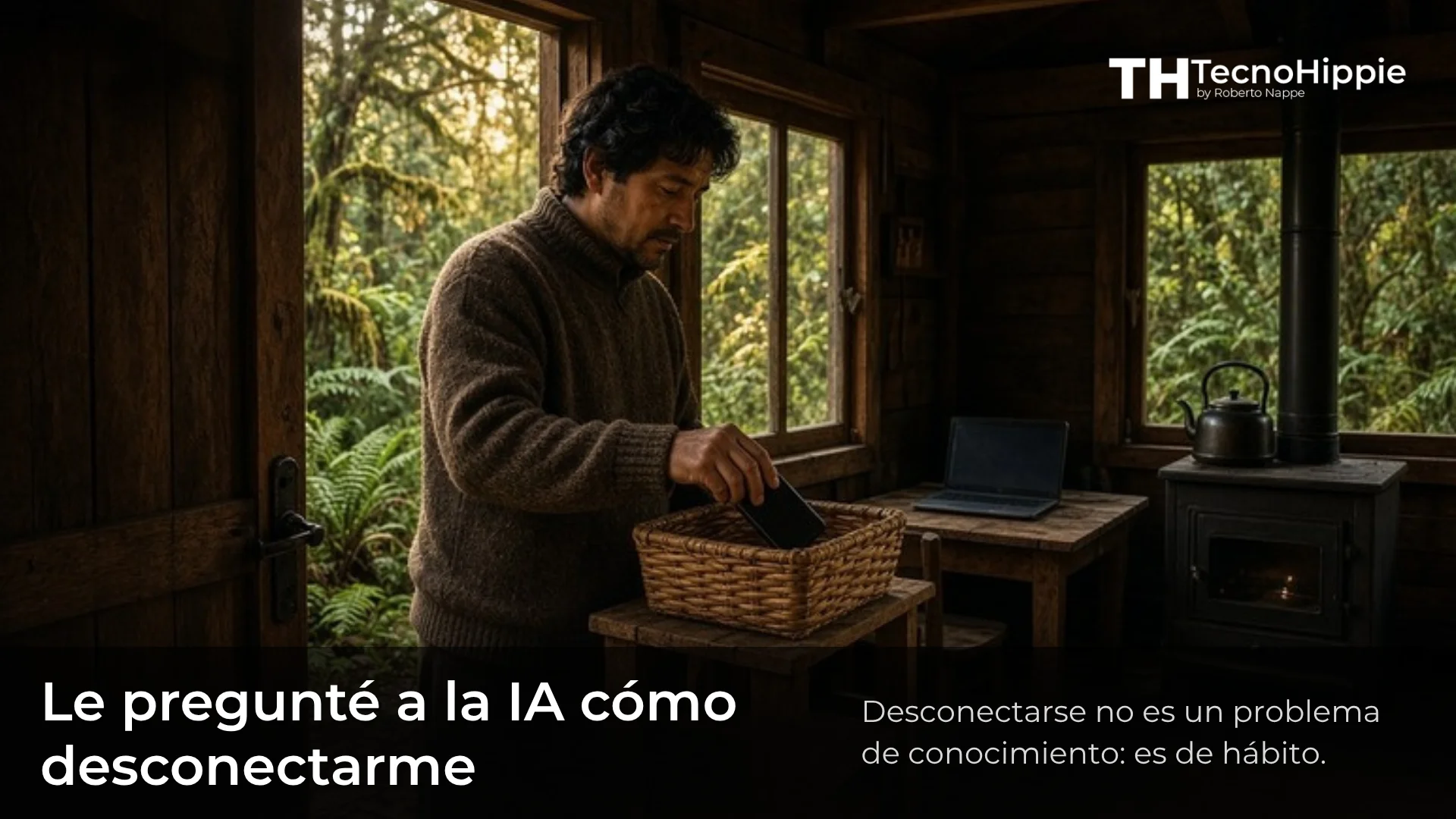 Hombre deja su celular en un canasto de mimbre dentro de una cabaña de madera rodeada de bosque en el sur de Chile