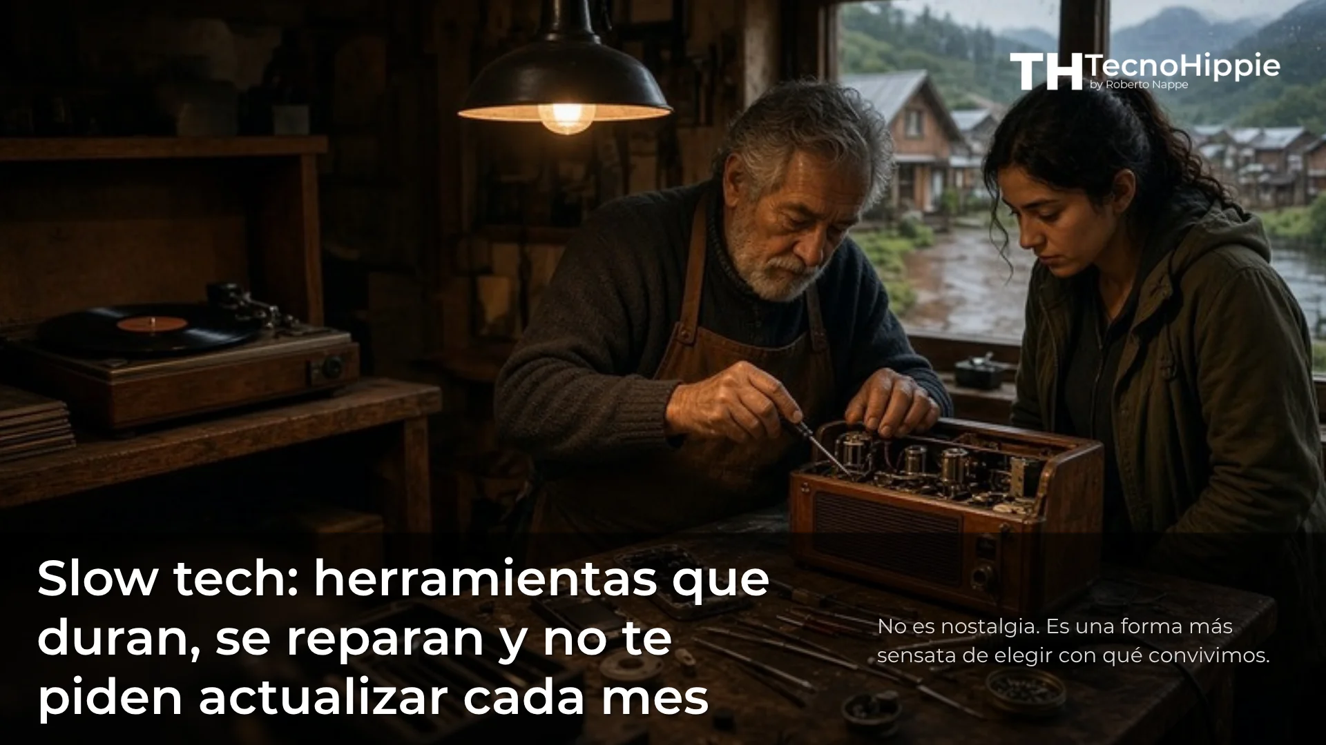 Técnico mayor repara una radio antigua junto a una joven en un taller de madera, con un tocadiscos al fondo