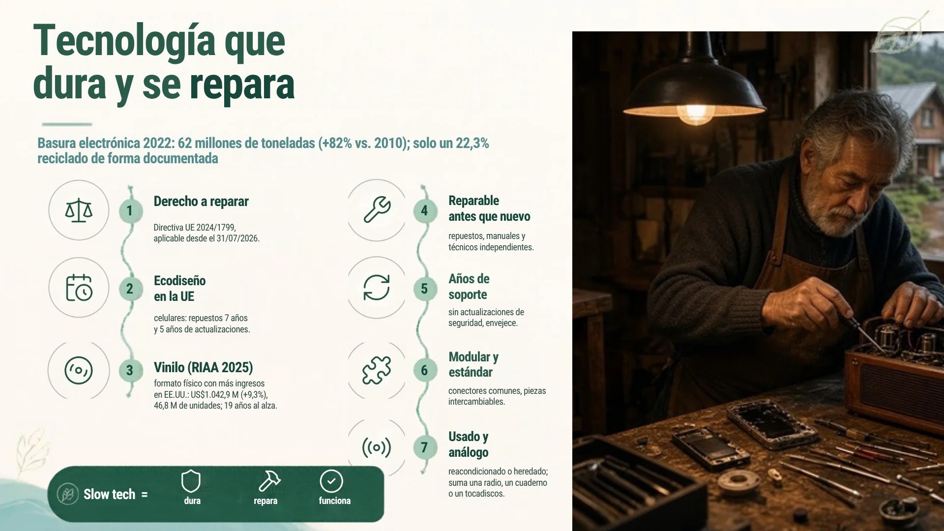 Infografía: cinco criterios para elegir slow tech: reparabilidad, años de actualizaciones, piezas modulares y estándar, segunda vida a lo usado y mezcla de lo digital con lo análogo
